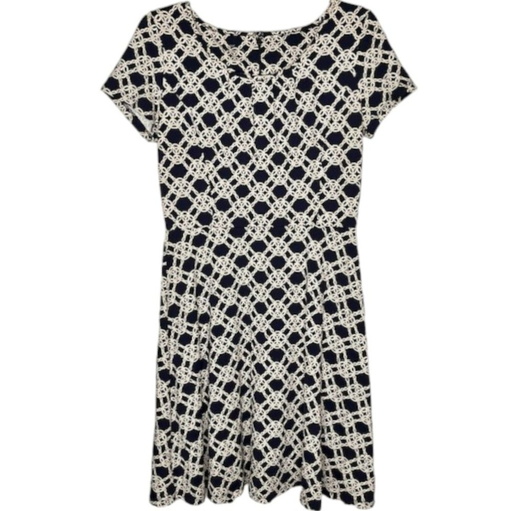 Talbots Fit & Flare Stretch Knit Dress - Navy/Ivory/Gold Knot Print - M